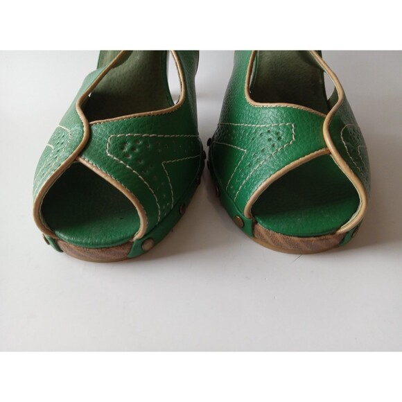 VTG Restricted Huntington Size 11 Green & Wood Riveted Peep Toe Heels - Picture 4 of 14